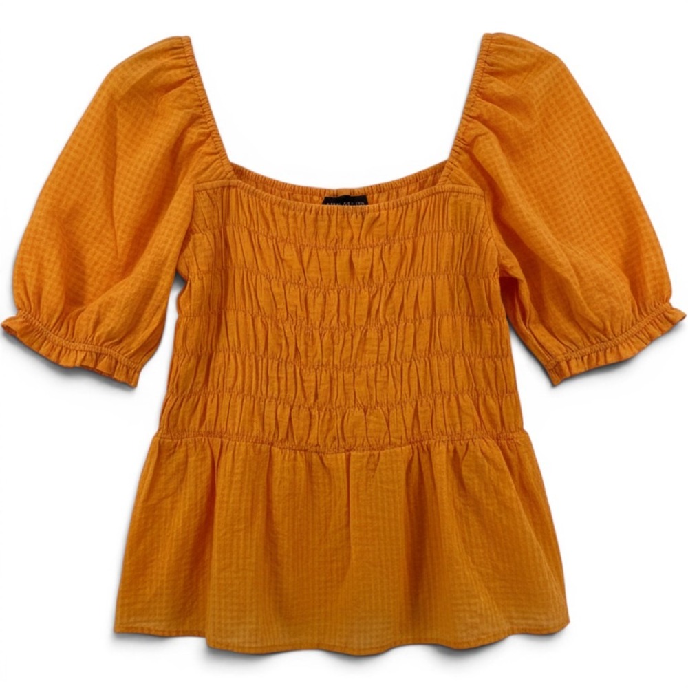 Lane Bryant Orange Smocked Peplum Top Square Neck Puff Sleeve Seersucker Size 14